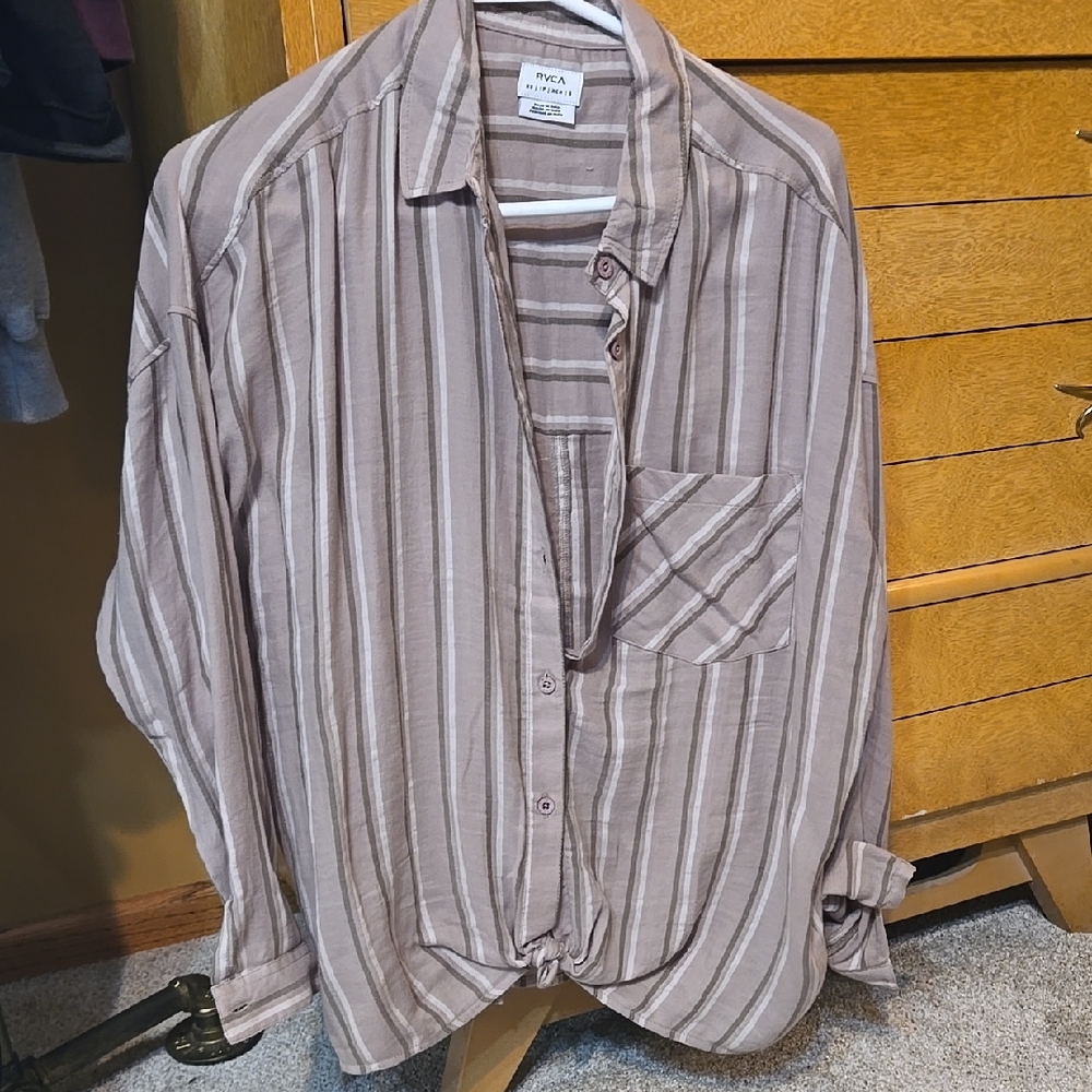 RVCA Womens Casual Beige Striped Shirt